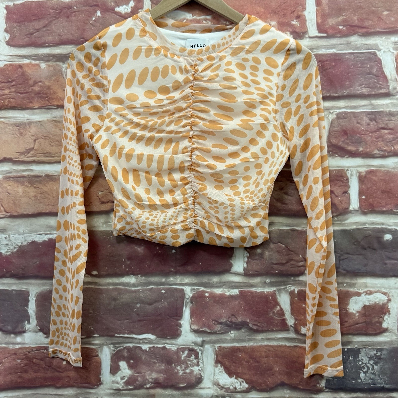 Hello Molly Crop Top Women's M Cream Orange Retro Lover Polka Dot Mesh Shirt